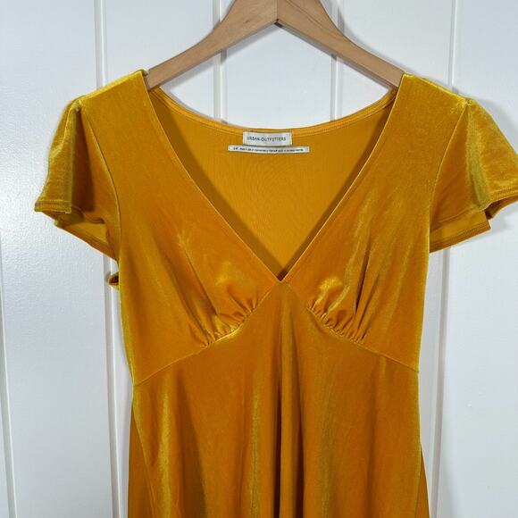 Urban Outfitters Velvet Mini Dress Small Yellow Flutter Sleeve Empire Waist - Picture 2 of 8